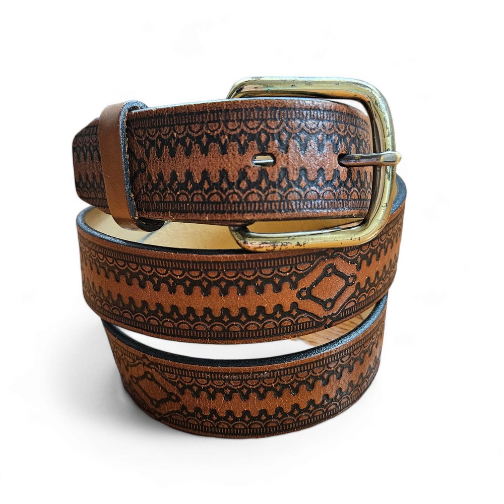 Brown & Black Tooled Leather Belt Size 42 - Picture 1 of 9